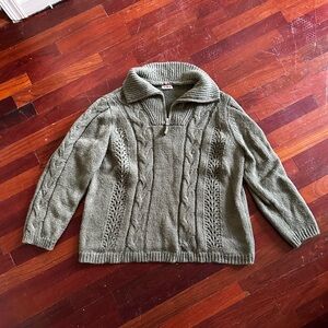 Damart Olive Green Alpaca Wool Blend Quarter Zip Knitted Sweater